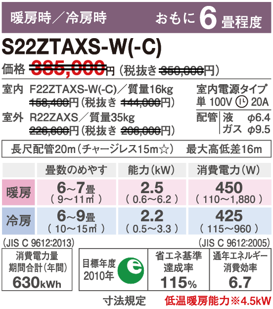 ダイキンエアコンS22ZTAXS-Wの能力表 ダイキンエアコンS22ZTAXS-W