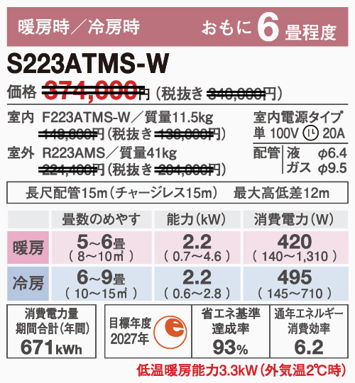 S223ATMS-W｜ダイキンエアコンMX｢うるさらmini｣2023年モデル｜価格・機能