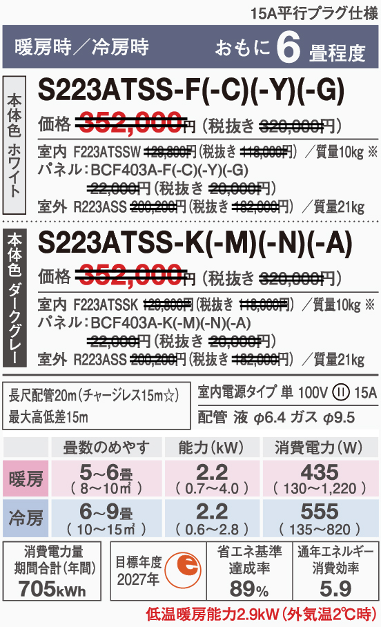 ダイキンエアコンS223ATSS-F『risora』スペック