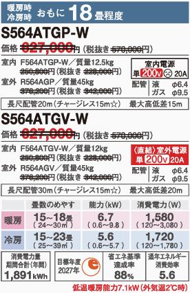 ダイキンエアコンS564ATGP(V)-W