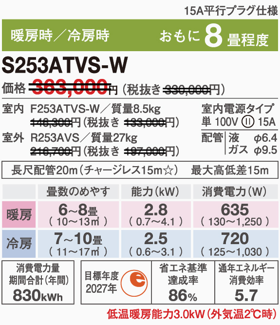 ダイキンエアコンS253ATVS-W